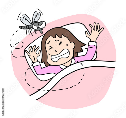 睡眠中に顔の周りを飛ぶ蚊の羽音に悩まされ寝苦しそうにしているコミカルな女性のイラスト