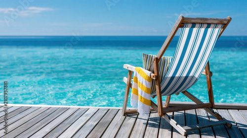 Striped deck chair with yellow towel on wooden pier overlooking turquoise tropical ocean water