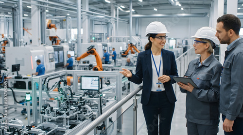 Businesswoman touring a modern factory. Professionals inspecting automated production line.