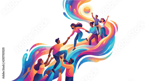Diverse group of people helping each other climb colorful artistic path.