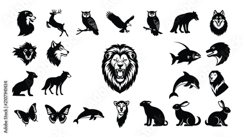 Photography Black animal icons set including lion, bird, fish, dog, butterfly