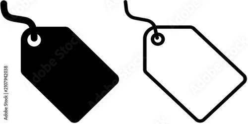 Cuadro en lienzo Black price tag icon set isolated on a white background, featuring both solid and outline styles with a hanging label design