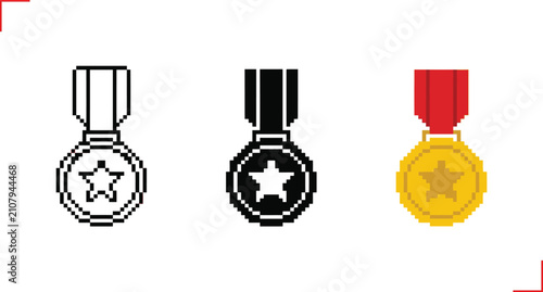 Medal icon set for achievement and award design. Includes outline, black, and gold variations. Perfect vector for winner, ranking, and success interfaces.
