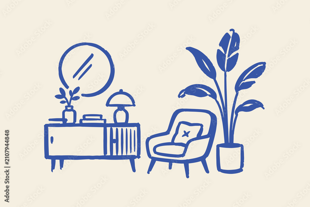 Obraz premium Living Room Interior Hand Drawn Vector Illustration