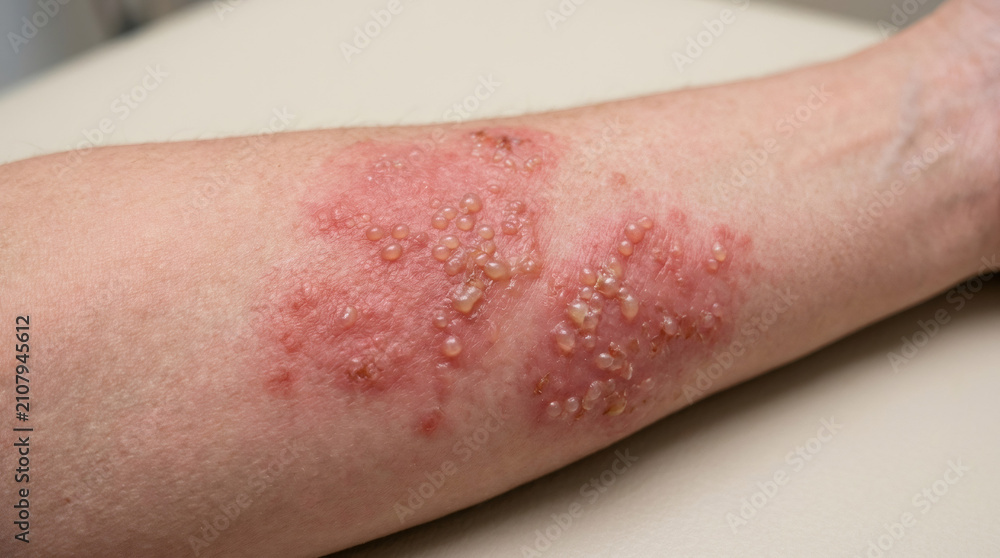Fototapeta premium Skin rash with blisters on the arm of a woman. Close up view of contact dermatitis or shingles infection. Medical condition showing allergic reaction or viral irritation on skin.