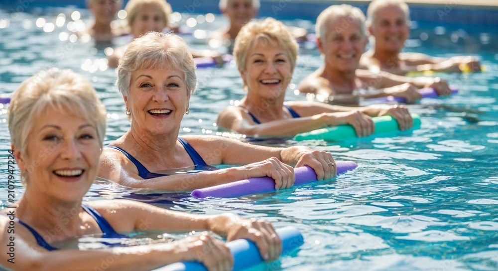 Fototapeta premium Group of smiling senior women enjoying water aerobics for seniors in an outdoor swimming pool. Enthusiastic elderly participants hold colorful pool noodles,
