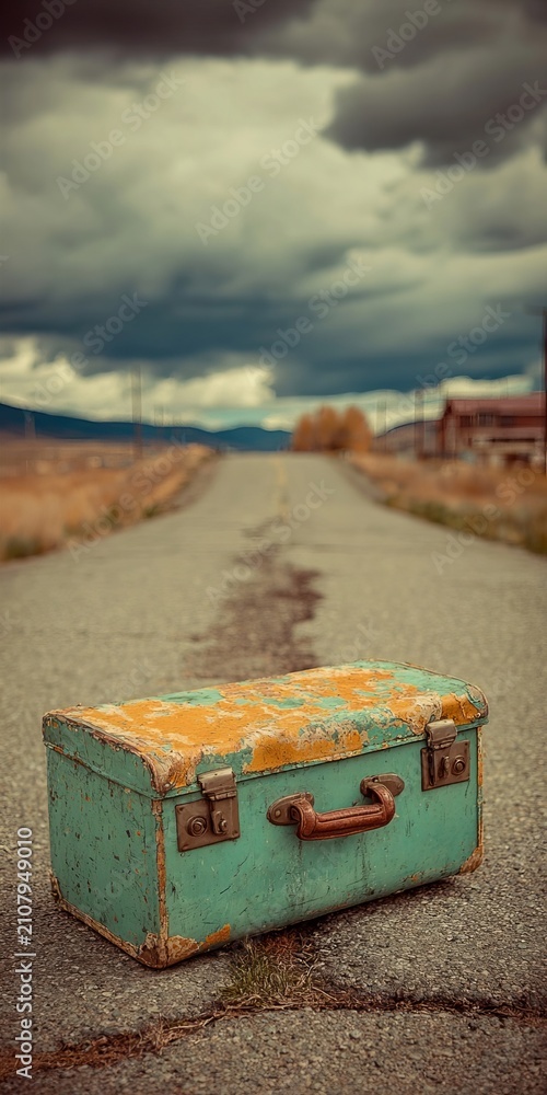 Obraz premium A Vintage Teal Suitcase Placed on an Empty Winding Road Leading Toward Dramatic Cloudy Skies Ahead.