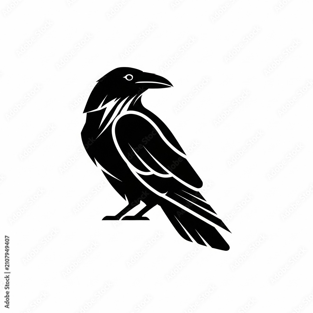 Obraz premium Stylized Black and White Illustration of a Crow Bird.