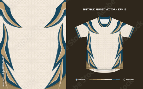 Cream sports jersey design template featuring subtle geometric pattern background with dark teal and gold sharp tribal flame side trims for soccer football club kit, activewear t-shirt mockup