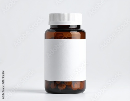 Amber bottle filled with pills, white cap, blank label, white background