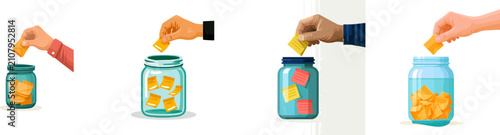A hand delicately places folded paper notes filled with positive thoughts into a glass gratitude jar, surrounded by minimalist geometric shapes in sunshine yellow, coral pink, and glass cyan colors