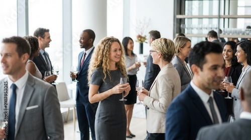 Diverse group of men and women of various ethnicities socializing at a casual event.