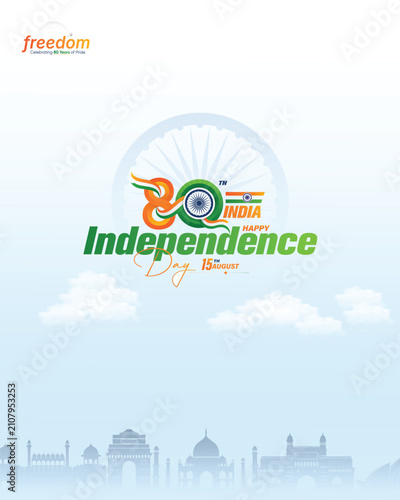 Modern 80th Independence Day of India 2026 poster featuring creative 80 typography, Ashoka Chakra, Indian monument skyline, clouds, and patriotic typography. Perfect for greeting cards, posters, banne