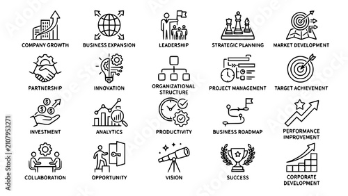 Set of business and management line icons representing professional corporate growth and strategic planning concepts