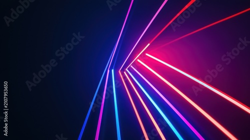 Abstract neon glowing lines forming geometric tunnel pattern for futuristic background, digital technology, vibrant energy, and synthwave concept designs
