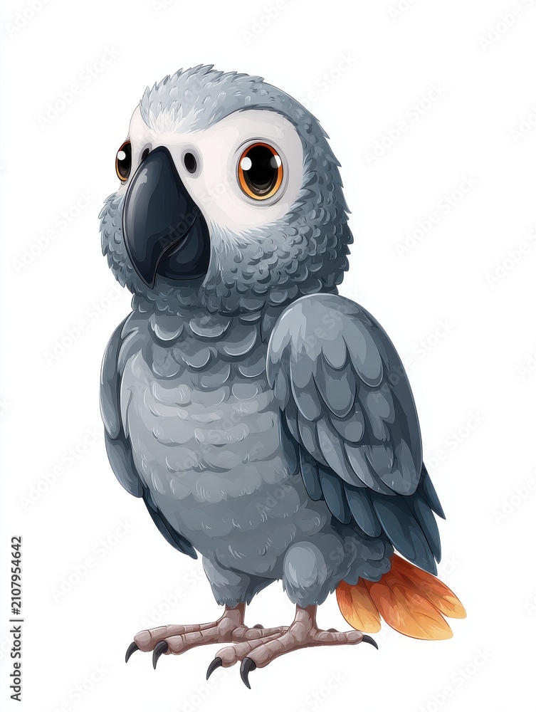 Fototapeta premium Cute African Grey Parrot With Large Eyes Isolated On A Clean White Background
