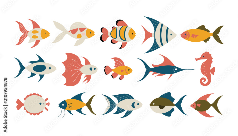 Fototapeta premium Collection of colorful cartoon fish and sea creatures on white background vector illustration