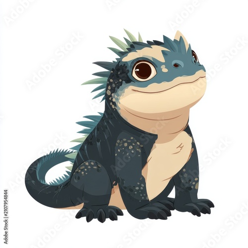 Cute Cartoon Iguana Character With Spiky Crest In Dark Teal And Cream Isolated On White Background