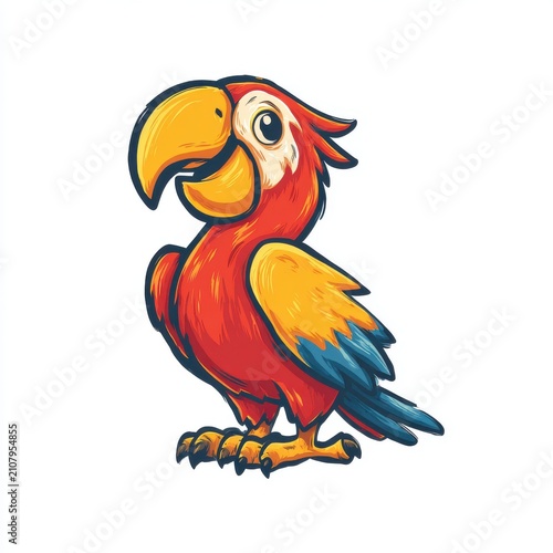 Cute Cartoon Parrot Character With Vibrant Red And Yellow Feathers Standing Isolated On White