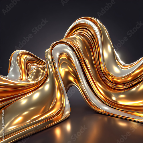Golden metallic wireframe heart shape, 3 d rendering