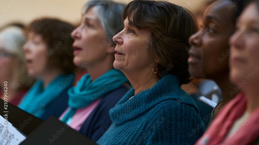 Obraz premium A group of women sing together in a choir focused and engaged wearing casual clothing like scarves and sweaters