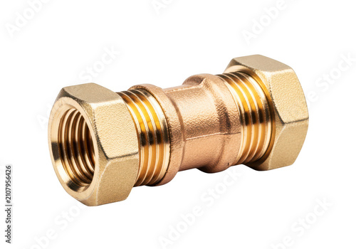 brass pipe fitting connector for plumbing system in house, close up view.