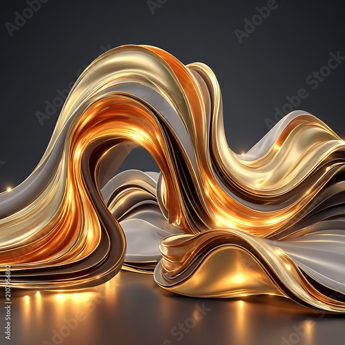 Golden metallic wireframe spiral, abstract 3 d golden wireframe