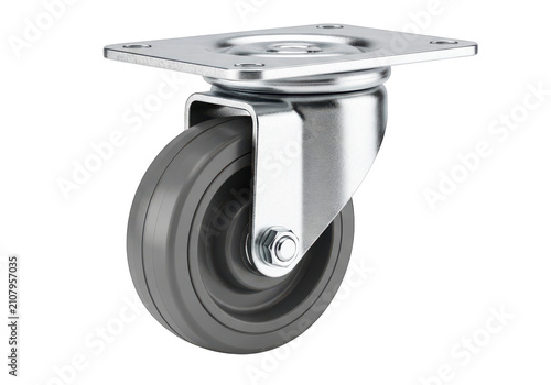 Metal caster wheel with gray rubber tire and swivel bracket, for furniture or equipment, industrial part, heavy duty, durable, smooth movement.