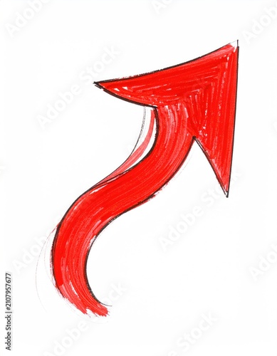 Red, sketched arrow curves upward, pointing right, on white