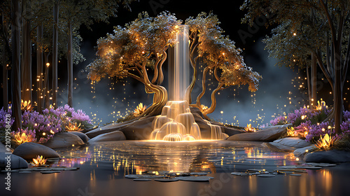 Golden fountain with illuminated water jets and trees at night