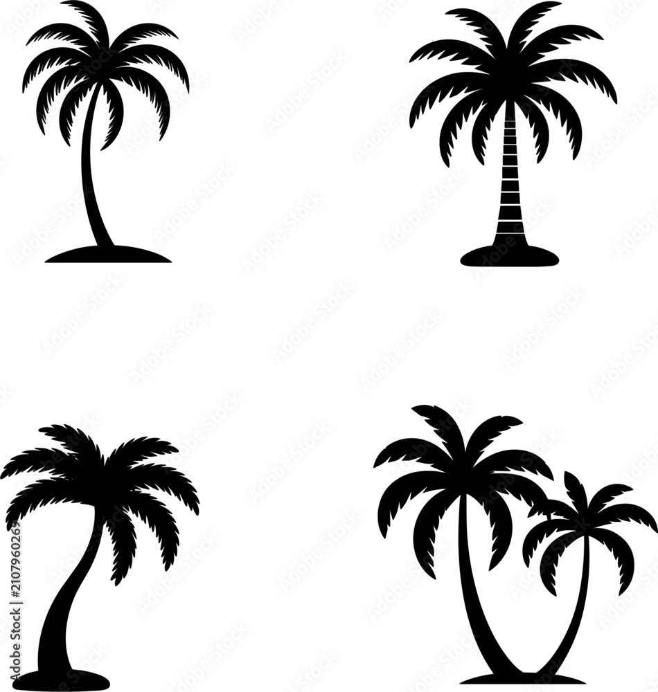 Fototapeta premium Palm Tree Silhouette Collection, Tropical Coconut Vector Icon Set for Summer Beach Nature Logo Design Illustration