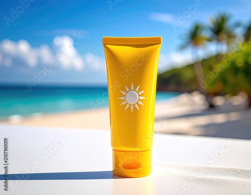 Yellow tube with sun symbol on beach