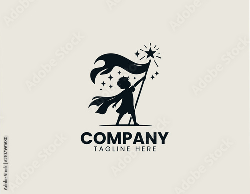 Child raising star flag in joyful pose black vector logo illustration