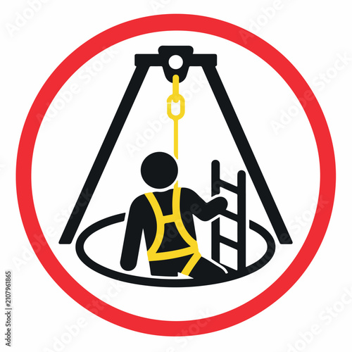 Confined space entry safety sign, industrial worker in harness with tripod and ladder, occupational health and safety warning vector icon