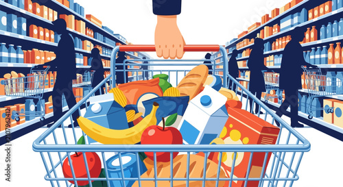 Cuadro en lienzo Close-up of a shopping cart full of groceries inside a supermarket aisle with si