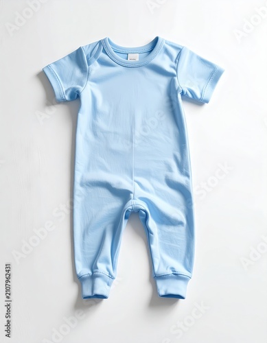 Soft, light blue, short-sleeved baby romper with snaps at the crotch