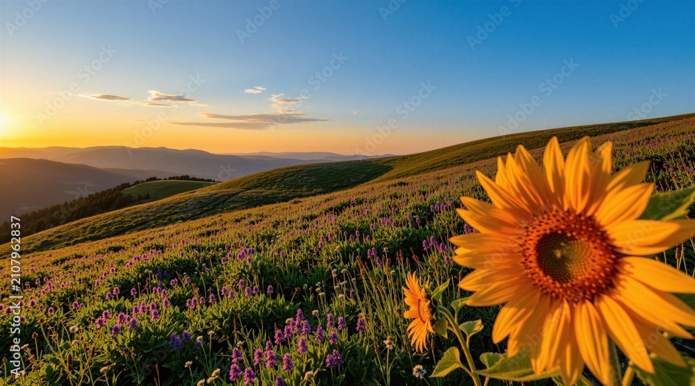 Fototapeta premium Bright yellow sunflower stands in foreground of vast meadow. Purple wildflowers blanket grassy rolling hills under clear blue sky during golden hour. Warm sunlight illuminates mountain landscape