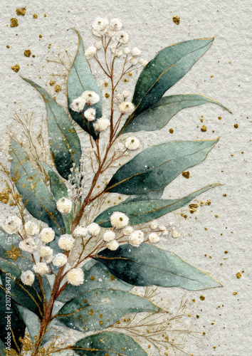 Luxury watercolor Christmas card featuring frosted evergreen branches, eucalyptus and white berries with elegant copy space on textured paper for holiday greeting cards, invitations and stationery