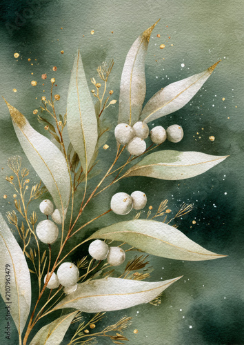 Luxury watercolor Christmas card featuring frosted evergreen branches, eucalyptus and white berries with elegant copy space on textured paper for holiday greeting cards, invitations and stationery