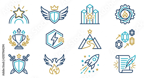 Collection of modern flat icons representing success and achievement.
