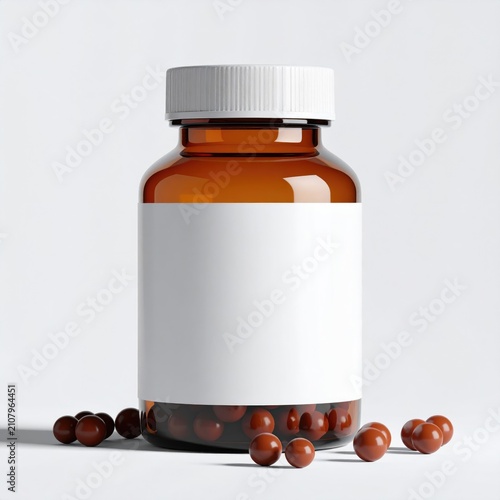 Amber pill bottle with white lid, filled with capsules, some scattered
