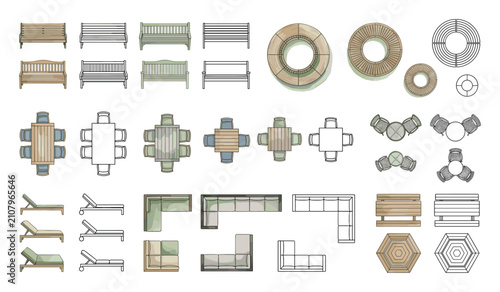 Architectural top view symbols for garden furniture and landscape planning