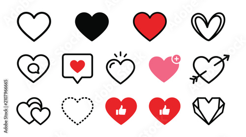 Heart icon set with love, like, favorite and message symbol in outline and filled style