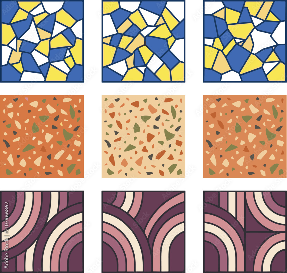 Fototapeta premium Seamless Pattern Collection with Terrazzo Textures, Irregular Mosaic Tiles, Retro Rainbow Arches, and Modern Abstract Vector Background Designs