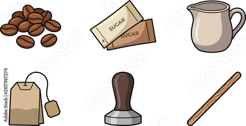 Фотография Coffee and tea making accessories including beans sugar packets creamer pitcher