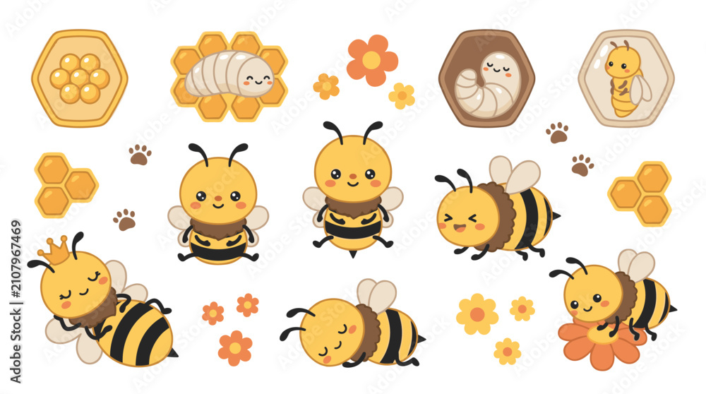 Fototapeta premium Set of cute bees showing life cycle metamorphosis, honeycomb cells, larvae, queen bee and flowers, perfect for nursery decor and playful stickers