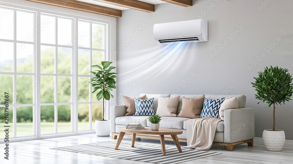 Fototapeta premium Contemporary living room interior design featuring a wall mounted air conditioner circulating cool air, ensuring optimal climate control and comfort