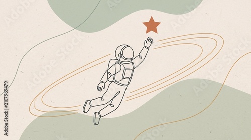 Minimalist Astronaut Floating and Reaching for Star Line Art Vector