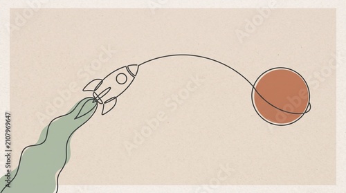 Aesthetic Space Rocket Flying to Terracotta Planet Line Art Vector