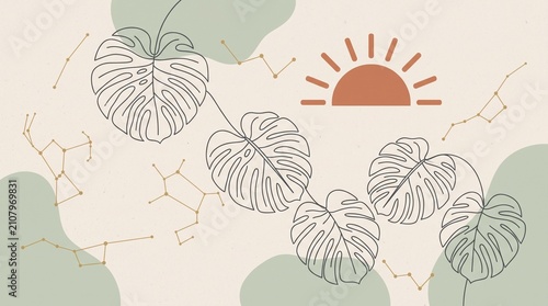 Aesthetic Boho Monstera Leaves and Terracotta Sun Continuous Line Art Background